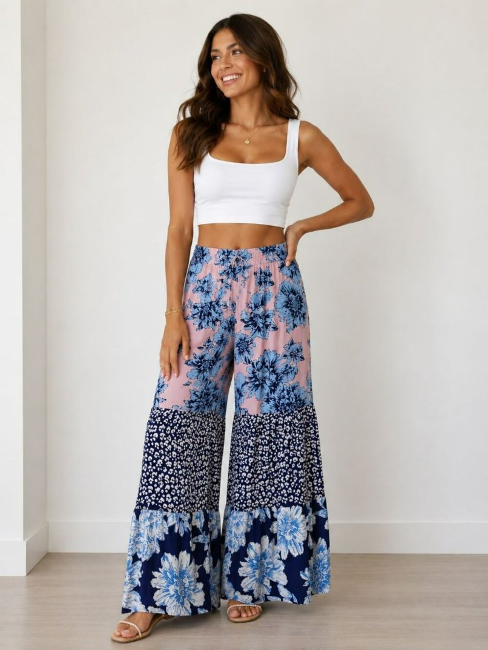 Coco Bianco Womens XL Tiered Palazzo Pants In Blue & Pink Floral Print